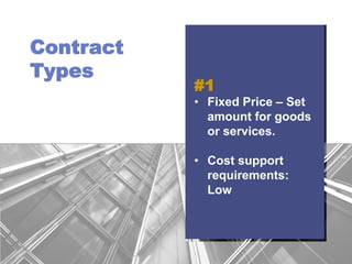 Contract
Types
#1
•  Fixed Price – Set
amount for goods
or services.
•  Cost support
requirements:
Low
 